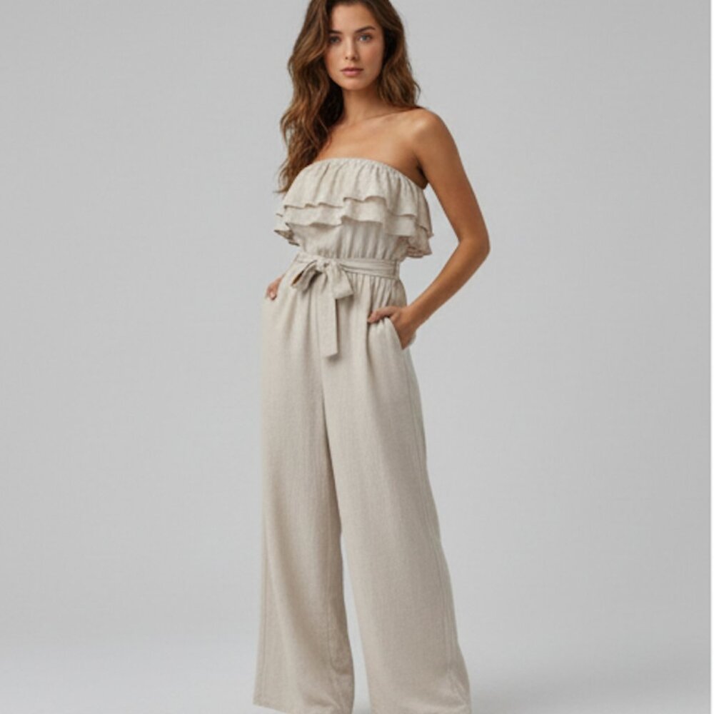 Ruffled Strapless Belted Jumpsuit Beige